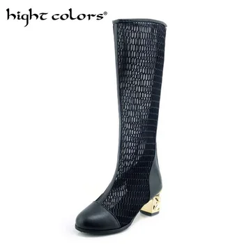 

Size 34-46 New Fashion Women Knee High Boots Square heel Zipper Sexy Lace Mesh Boots Summer Cool Boots Breathable Women's Shoes