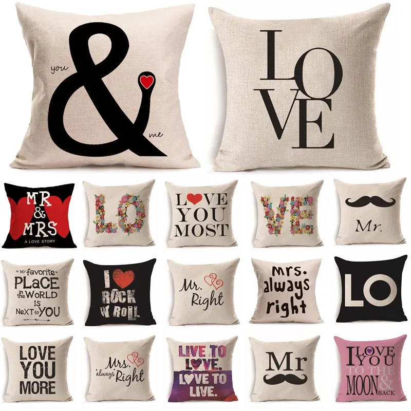 

45*45 cm Cotton Linen Cushion Cover Love Mr Mrs Letter Throw Pillow Home Decor Wedding Decoration Decorative Pillowcase 40247