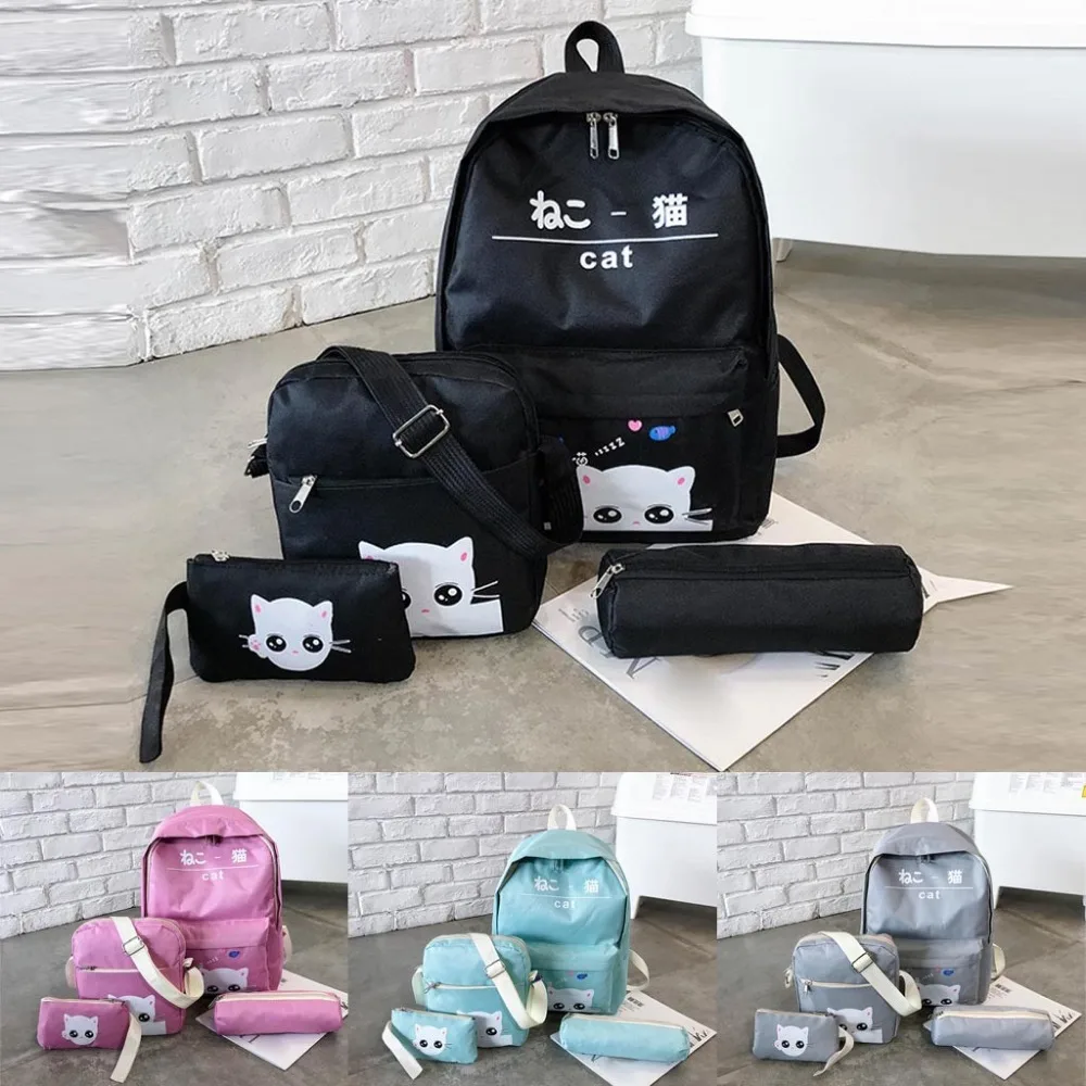 Для женщин рюкзак 2019 моды новая волна четырех частей школьный рюкзак Для женщин с принтом кошка студент дорожная сумка школьная сумка K430