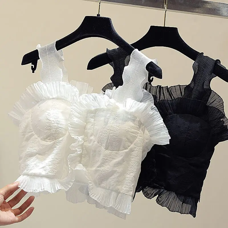 

MUMUZI Lace vest women's sleeveless shirt 2019 spring and summer lace ruffles short fashion bottoming T-shirts for women