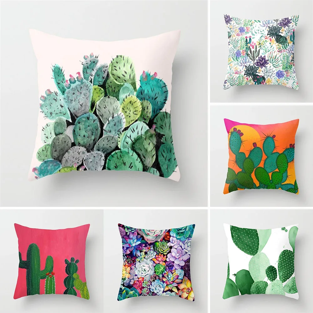 Printed Pillow Case Plant Cactus Cartoon Decorative Cushion Cover Square