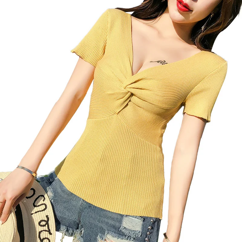 High Quality Knitted T Shirt women Summer 2018 Casual High Elastic