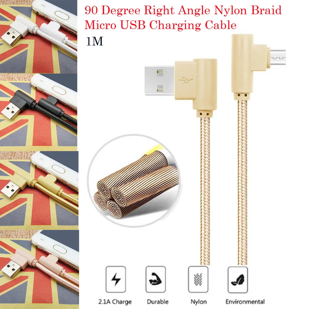 90 градусов 2A Micro USB кабель для зарядки данных Быстрая зарядка 1 м 2 нейлоновый