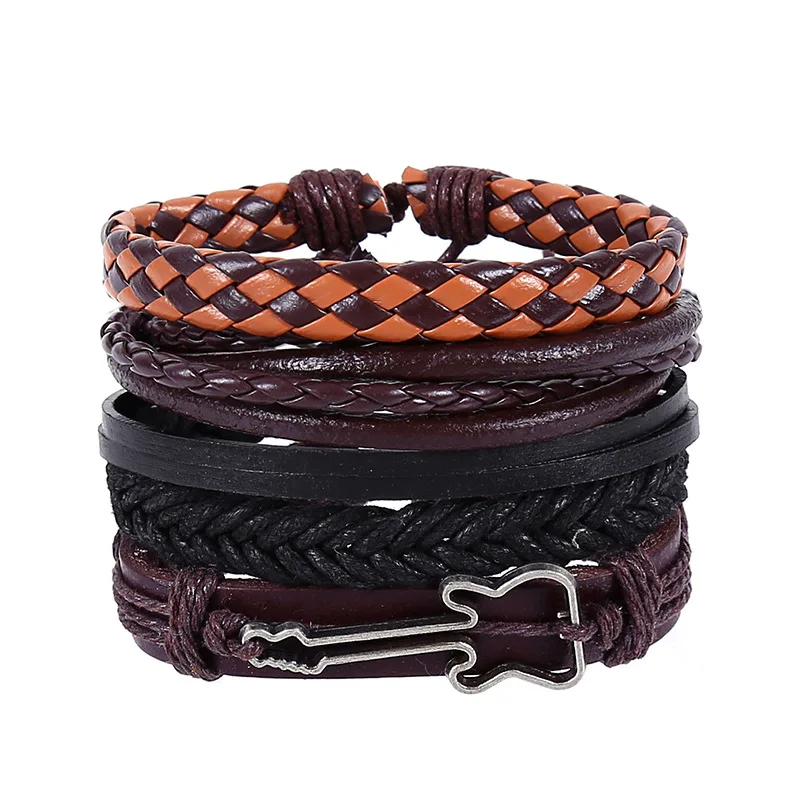 

4pcs/set hippie punk black dark brown orange leather musical guitar charm cord knots Layers wrap wide Bracelet Bangle for man