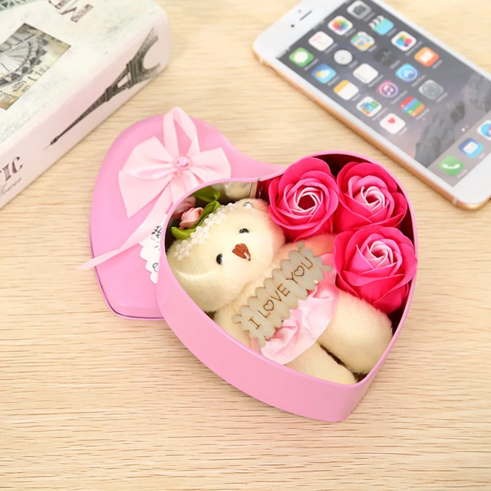 Металлическая коробка с сердцем свадебный подарок мыло с розой с 3 цветами медведь мультяшный букет мыло цветок подарок на день Святого