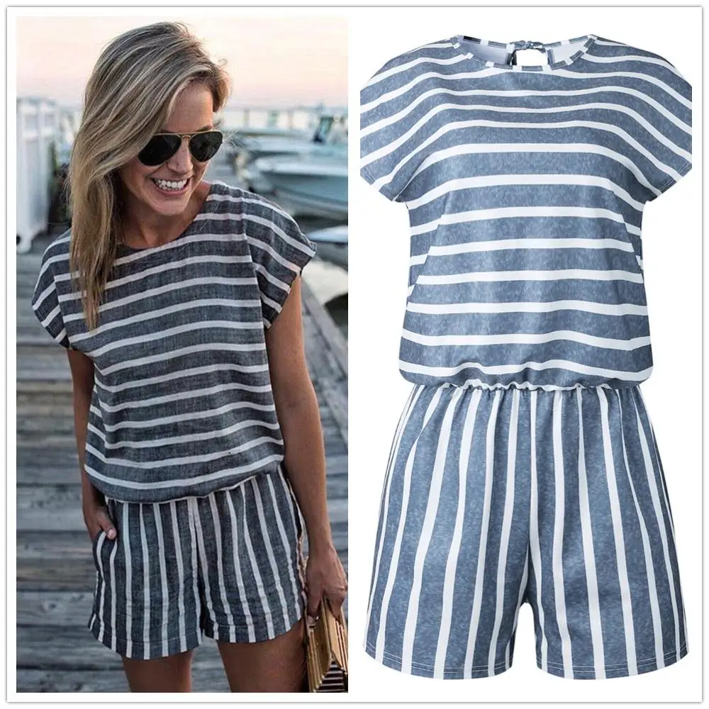 Casual Striped O Neck Short Sleeve Playsuit Summer Elastic Waist Slim Back Lace Up Women Jumpsuits Female Streetwear Overalls Casual Striped O Neck Short Sleeve Playsuit Summer Elastic Waist Slim Back Lace Up Women Jumpsuits Female Streetwear Overalls