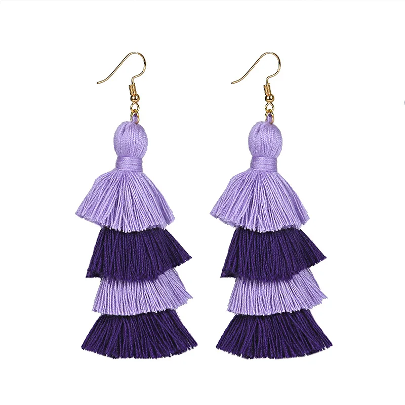 LWONG Лето г. неоновые костюм с вязаным бантом кисточкой серьги для Для женщин 4 многослойная бахрома серьги с эффектом деграде(переход от темного к наборный Ленточки Длинные висячие серьги - Окраска металла: Purple