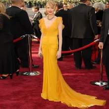 В продаже Желтый Тюль вечернее платье со шлейфом v-образный вырез с рюшами плиссированные платья для выпускного вечера Кепки рукавом длиной до пола Длина Длинные вечерние платья