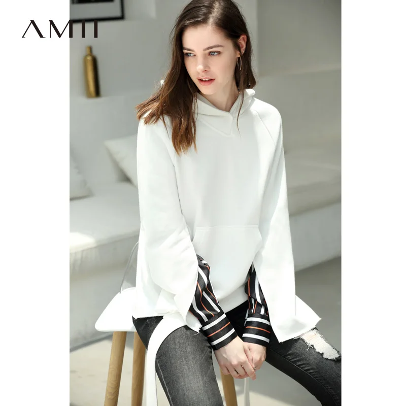 

Amii Minimalist Hooded Sweatshirt Women Spring 2019 Causal Solid Patchwork Chiffon Stripes Long Sleeve Loose Female Tops