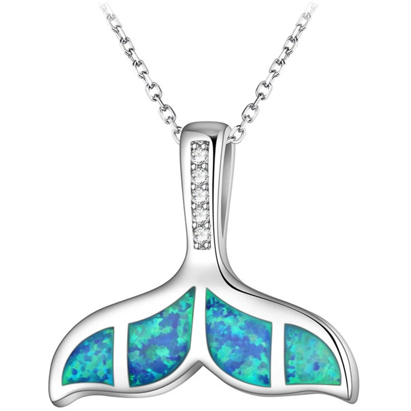 

High Quality Copper Crystal Blue Opal Ocean Sea Mermaid Whale Tail Pendant Necklace For Women Animal Beach Summer Jewelry Gift