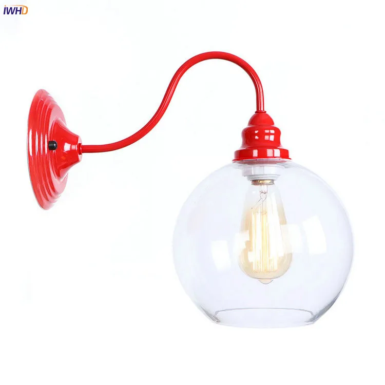 

IWHD Red Iron LED Wall Lamp Glass Lampshade Bedside Living Room Fixtures Home Lighting Iron Wandlamp RH Bathroom Light Luminaire