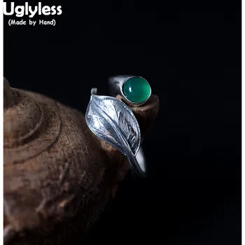 

Uglyless Real 925 Sterling Silver Ethnic Handmade Thai Silver Leaf Open Rings for Women Chalcedony Rings Vintage Exotic Jewelry