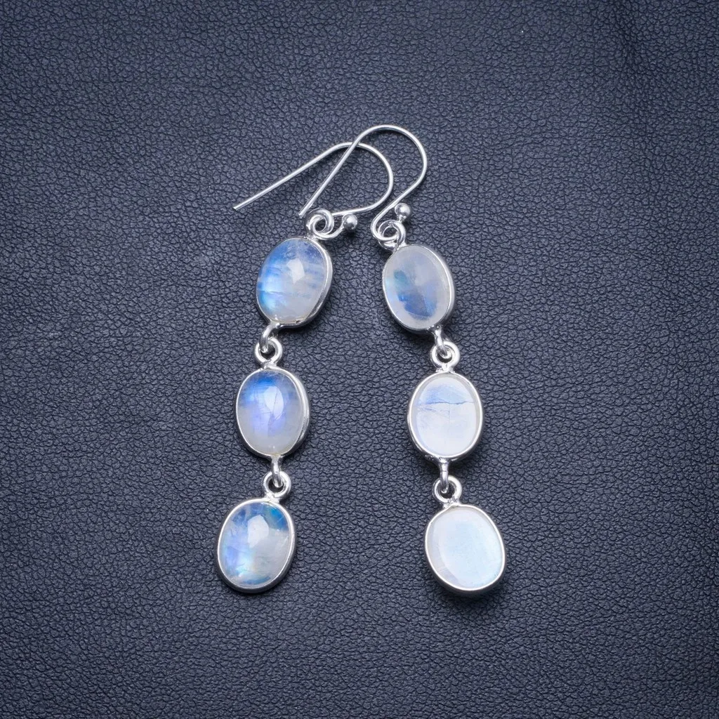 

Natural Rainbow Moonstone Handmade Unique 925 Sterling Silver Earrings 2" X4583