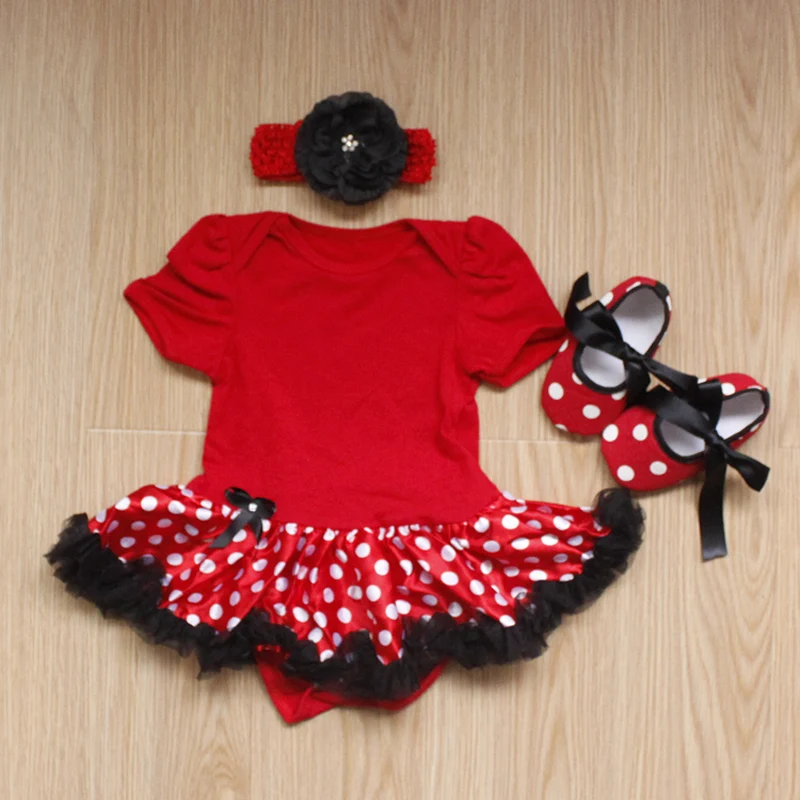 Детские Комбинезоны для малышек 3 шт. комплект одежды для новорожденных Детские Обувь для девочек красные, черные точки Туту платье jumpersuit