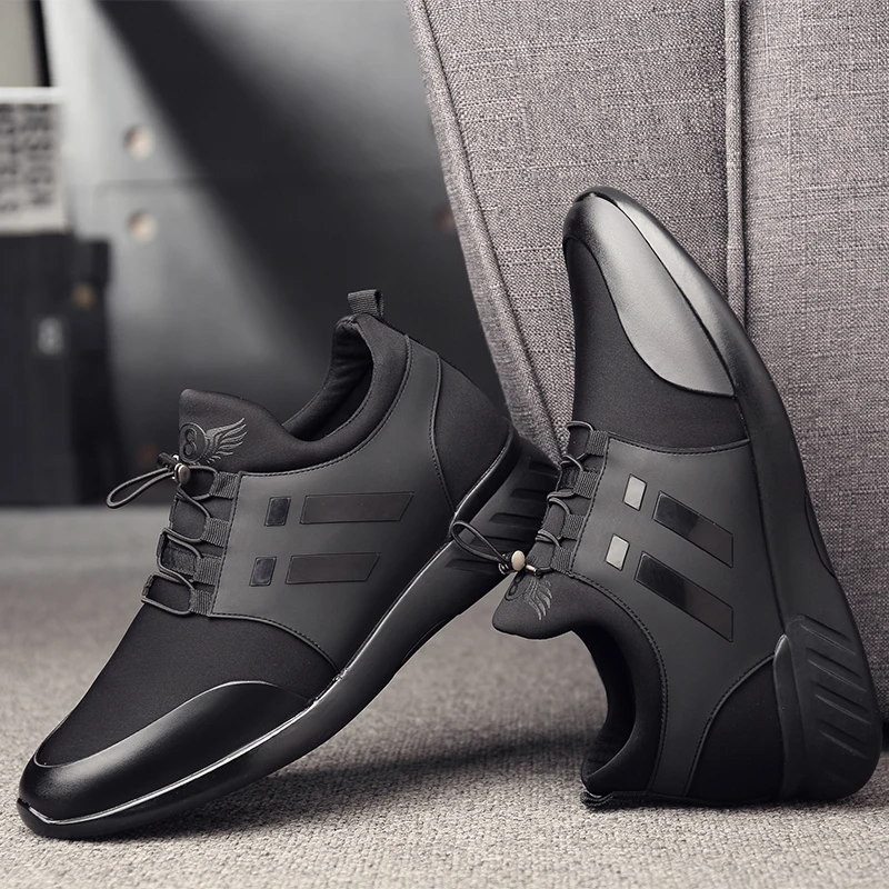 2019 Men's Shoes Quality Lycra+Cow Leather Shoes Brand 8CM Increasing British Shoes New Spring Black Man Casual Height Shoes