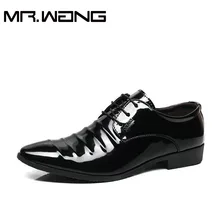 Cheapest Working Office shoes mens patent leather Oxfords business wedding black shoes lace up Pointed toe leather flats AB-23