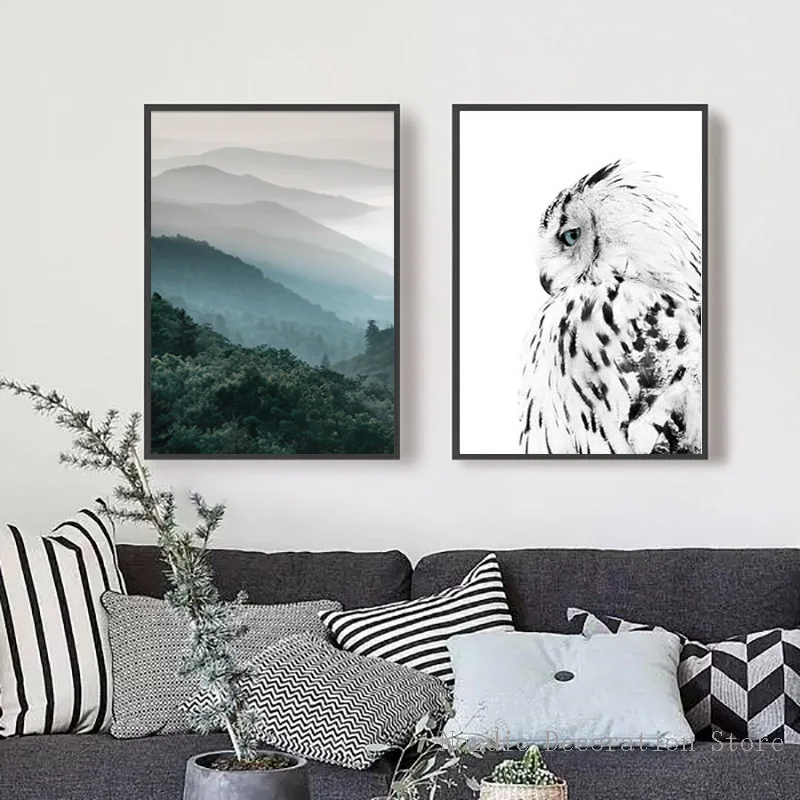 

Wall Art Green Forest Poster Black And White Owl Canvas Painting Posters And Prints Nordic Two Pieces Canvas Picture Unframed