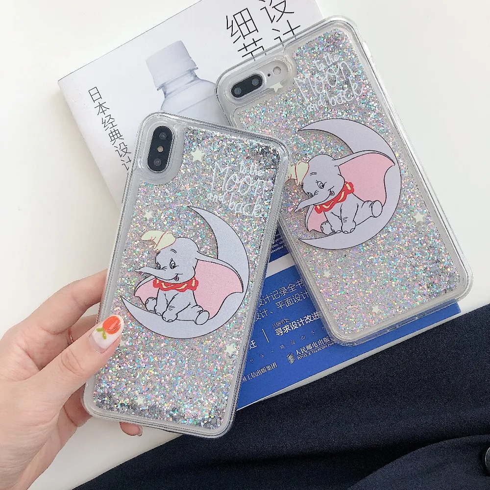 

Cartoon Moon Elephant Glitter Phone Case For iphone X XR XS MAX Liquid Quicksand Cover For iphone 5 5S SE 6S 6 7 8 Plus Cases