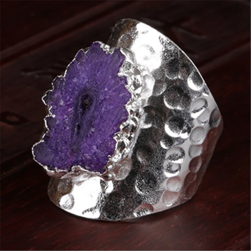 

polished hot pink geode crystal stone slice bead charm open silver metal wide wrap hammered resizable ring cuff for woman man