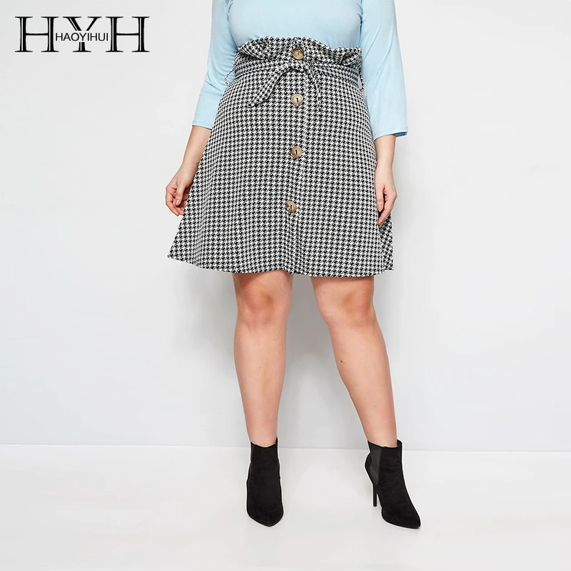 

HYH Haoyihui Large Size Simple Loose Waist Tie Threshold Button Decoration Black White Houndstooth Plus Women Summer Skirt