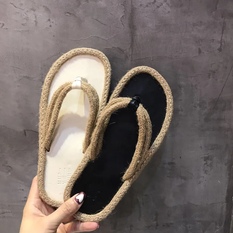 black/white straw rope flip flops women handmade sewing fisherman