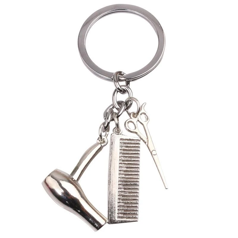 Hairdresser Hair Dryer Scissor Comb Keychain Creative Key Ring Jewelry Gifts