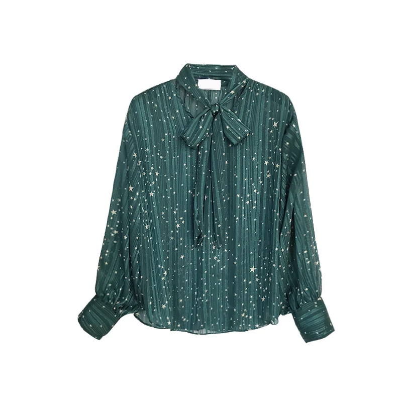 MUMUZI Women OL Stars Print Women Blouse Chiffon Casual Loose Long Sleeve Shirt Tops Female Elegant Hollow out Tops Blouses