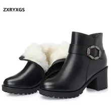 Новинка года; теплые удобные зимние ботинки из плюша или шерсти; женские ботильоны; обувь из натуральной кожи на толстом каблуке; модные женские ботинки