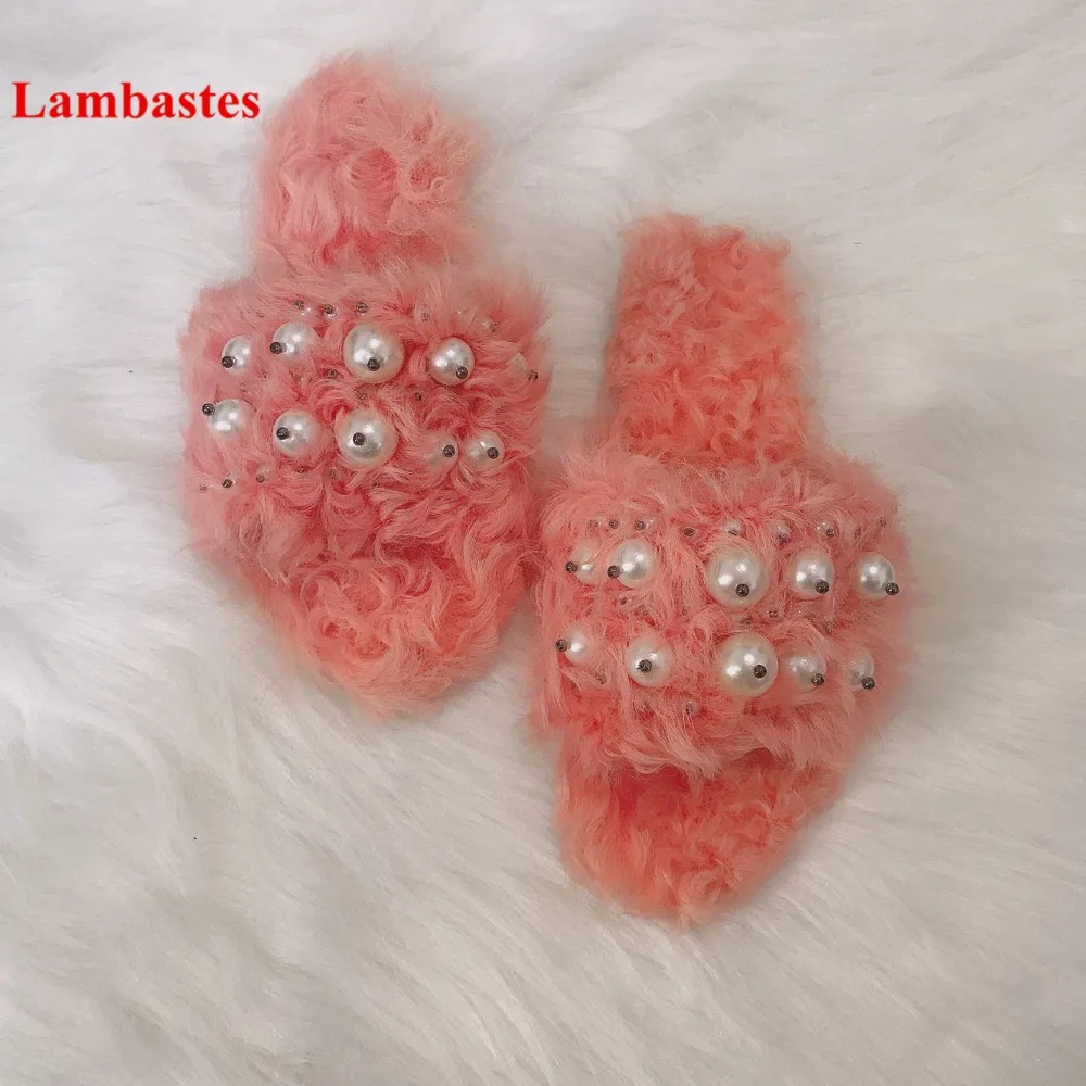 

2018 Spring Summer Women Fur Slippers Open Toe Pink Orange Pearl Designer Women Slippers Outdoor Casual Women Flats Slippers