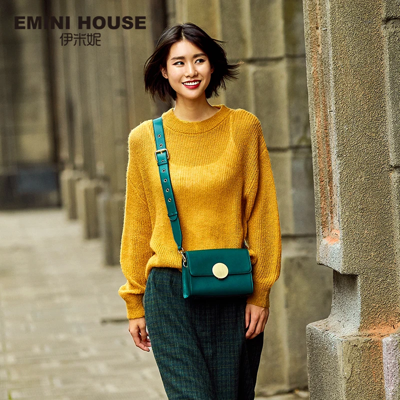 EMINI HOUSE Round Lock Flap Bags Split Leather Women Shoulder Bag Wide Strap Luxury Brand Crossbody Bags For Women Messenger Bag