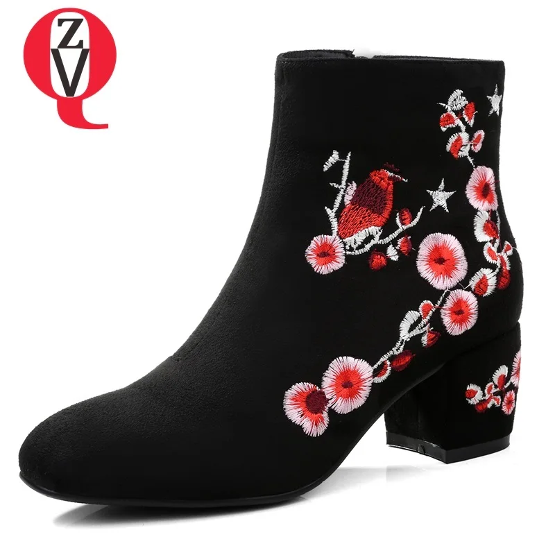 

ZVQ hot sale newest flock high hoof heels square toe zipper ankle boots outdoor solid embrioder black folk-custom shoes women