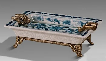 

New Chinese Style House Hotel Villa high-grade painted blue and white porcelain decorated with copper decorative cigarette ash t