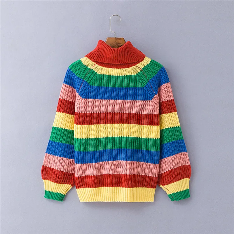 HOT sell sweaters fashion 2018 women Multicolor Stripe Long Sleeve Turtleneck Knitted Sweater Blouse Pullover invierno A28#N (3)