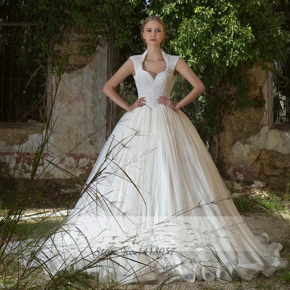 Modest Ball Gown Wedding Dresses Turkey Pearls Bodice Backless Bride