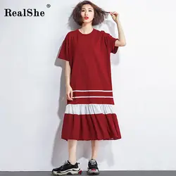 RealShe 2018 новые модные женские повседневные с круглым вырезом с коротким рукавом плиссированные платья Элегантное свободное платье женское