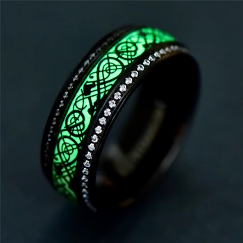 

Luminous Titanium Black Ring Dragon Inlay White Zirconia Green Background Men Rings Fluorescent Glowing Stainless Steel Jewelry