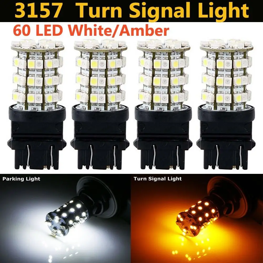 

4 X T25 3157 3057 60SMD Dual Color Light Switchback White Amber Reverse DRL Brake Back Up Stop Tail Turn Signal Led Light Bulb