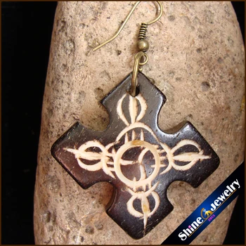 

Wholesale Women 100% NATURAL Amazing Hand-Carved Cross Exaggeration Vintage Tibetan Yak Bone dangle earrings 2 pcs Free shipping