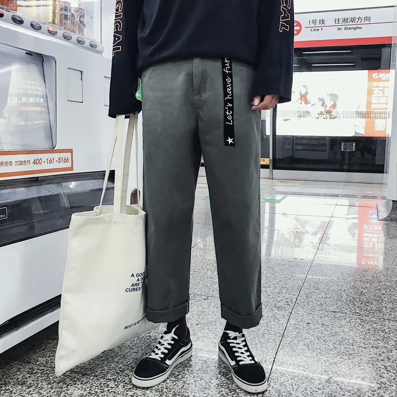 

2018 New Solid Color Wid Leg Pants for Men Japanese Retro Washed Casual Straight Overalls Pants Men's Black Green Long Pants