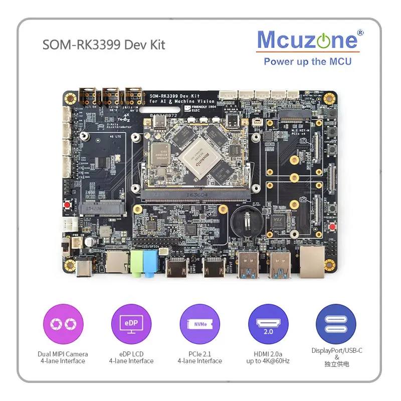 

Mcuzone SOM-RK3399 AI Developer kit WiFi BT Support Gbps Ethernet and Dual-screen display Android/Ubuntu/QT/buildrootHDMI IN/OUT