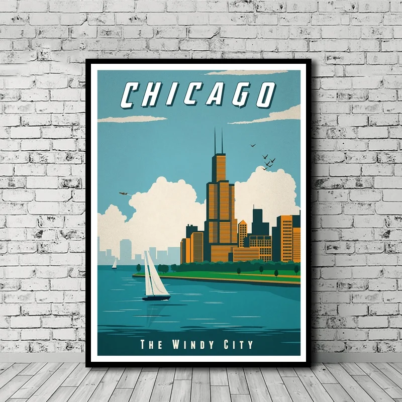 Винтажный туристический плакат Chicago холст с принтом настенный художественный