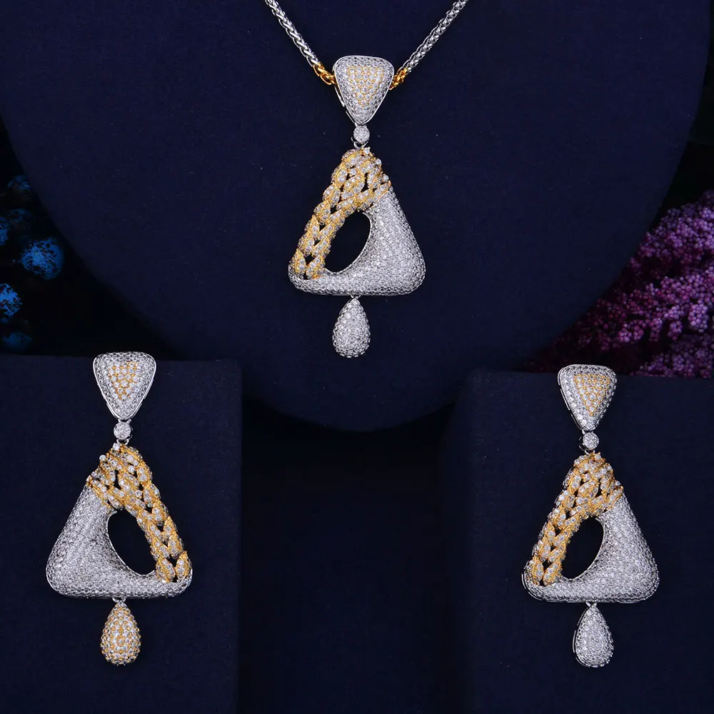 

GODKI 68mm Triangle Leaf Wreath Luxury 2 Tone Women Wedding Naija Bridal Cubic Zirconia Necklace Earring Dubai Dress Jewelry Set