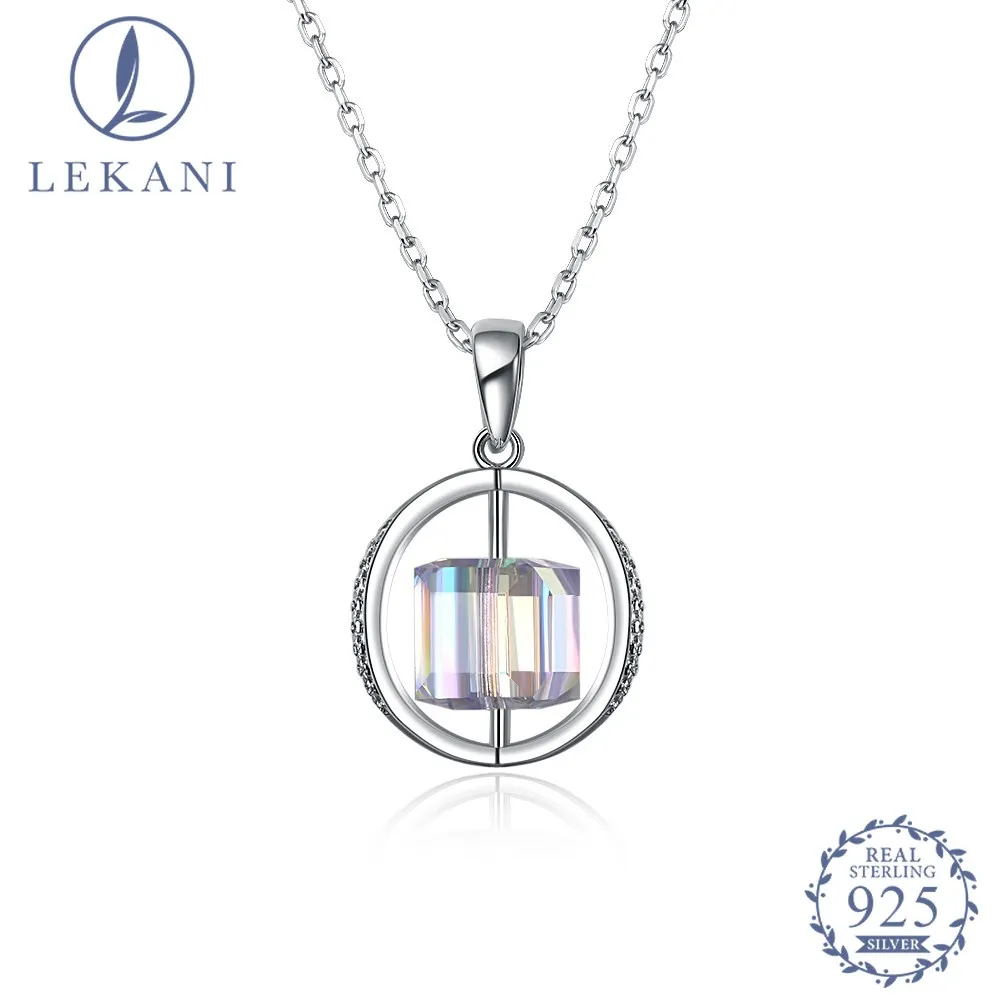 

LEKANI Crystal From Swarovski 925 Sterling Silver Necklace Fashion Geometric Rotation Pendant Genuine Jewelry Women Gift