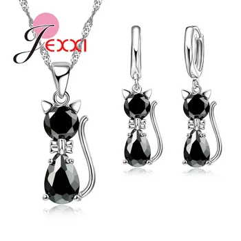 

Fashion 925 Sterling Silver Jewelry Sets For Women Laies Luxury CZ Rhinestone Animal Cat Charm Pendant Necklace Earrings