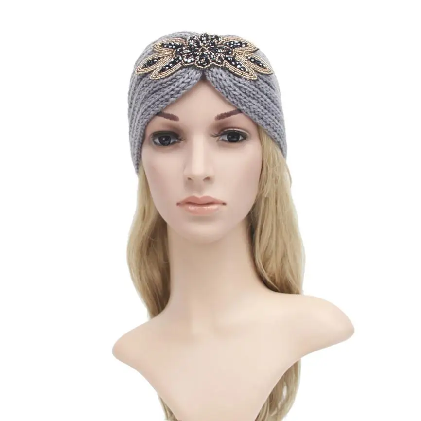 42*10cm Women Winter Knitted Headband Crochet Rhombus Rhinestone Hair