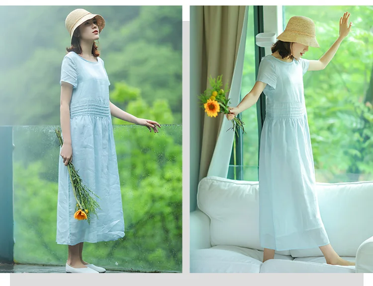SCUWLINEN 2019 женское летнее платье однотонный Повседневный плиссированный короткий рукав длинный платье из рами милые тонкие пляжные платья S355