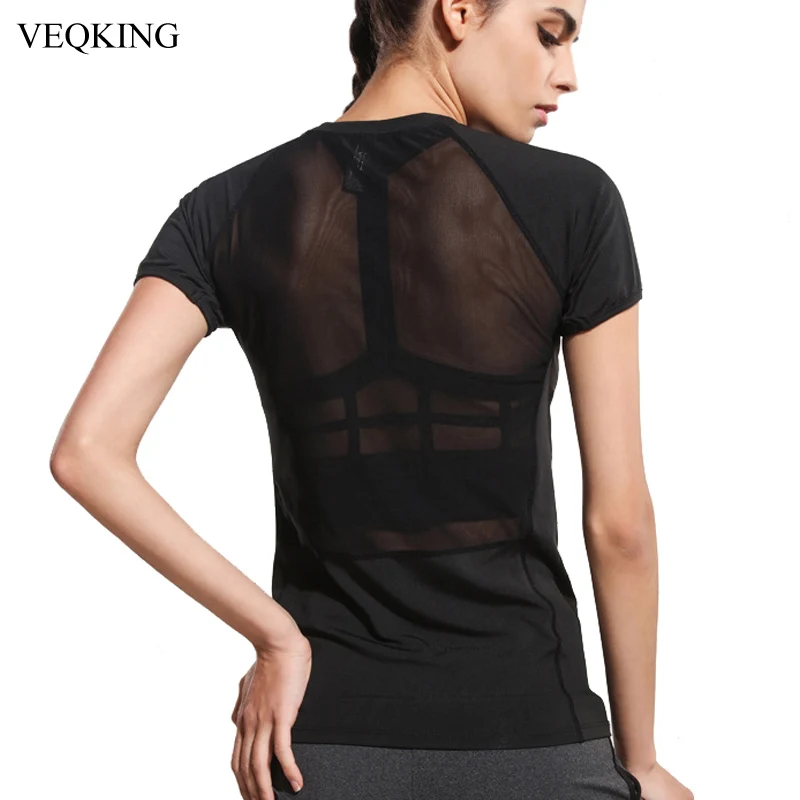 

VEQKING Mesh Patchwork Sport T-shirts For Women Fitness Gym Running Short Sleeve Elastic Quick Dry Yoga Tops Women's Sport Shirt