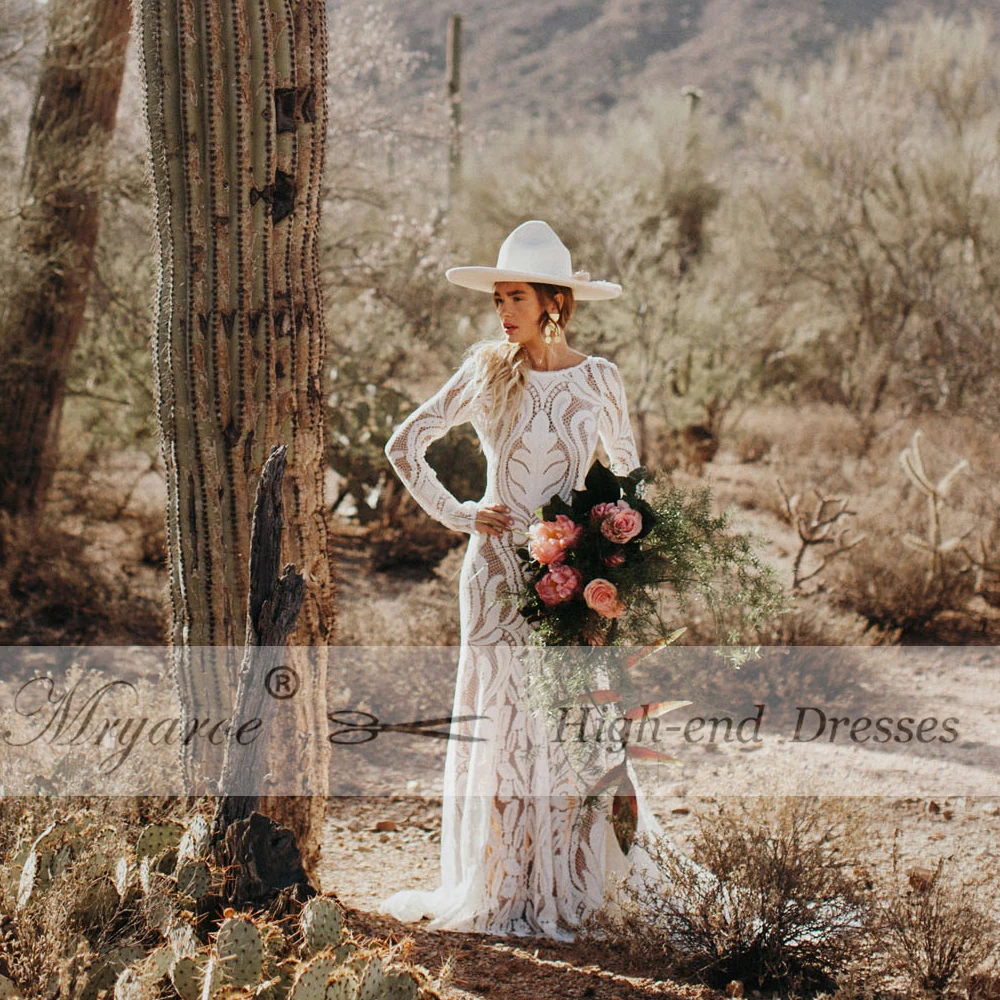 Mryarce 2019 Unique Bride Bohemian Wedding Dress Full lace Open Back Long Sleeves Boho Chic Modern Bridal Gowns  (4)