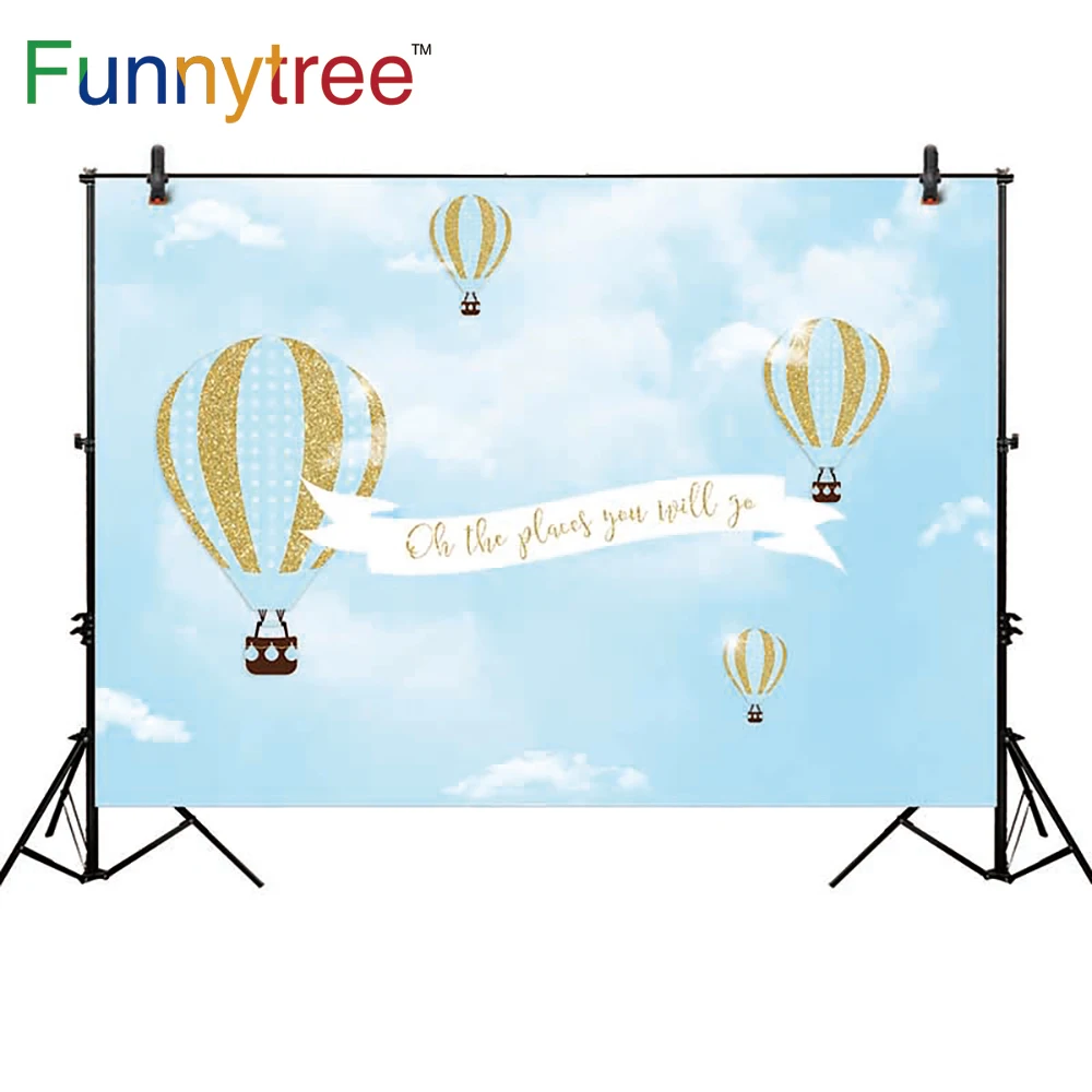 

Funnytree photography hot air balloon background blue cartoon sky golden photocall boda personalized backdrops camera photophone