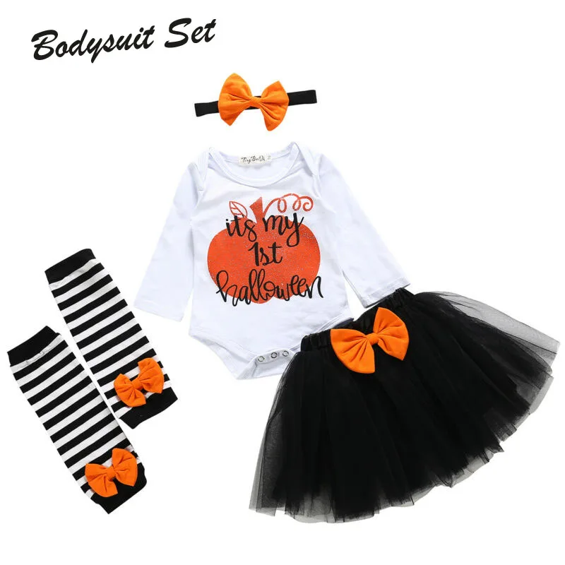 

For Infant Newborn Baby Girl Clothes First Halloween Outfits Bodysuit + Skirts+Legging warm + Headband 4pieces Set